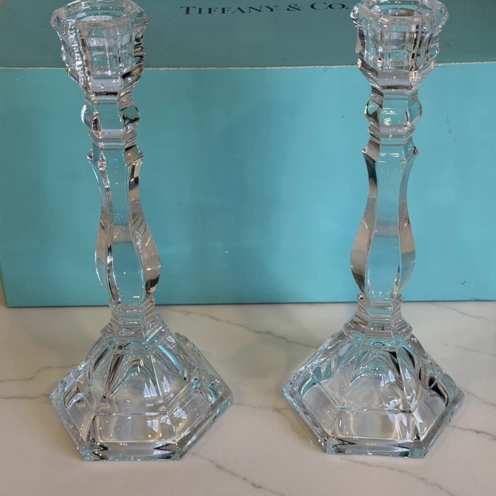 Tiffany & Co. Clear Crystal Candlesticks with Blue Box